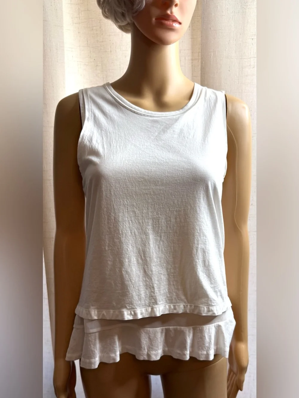 J. Crew layered crewneck shell in white, sleeveless silhouette, sheer ruffle hem